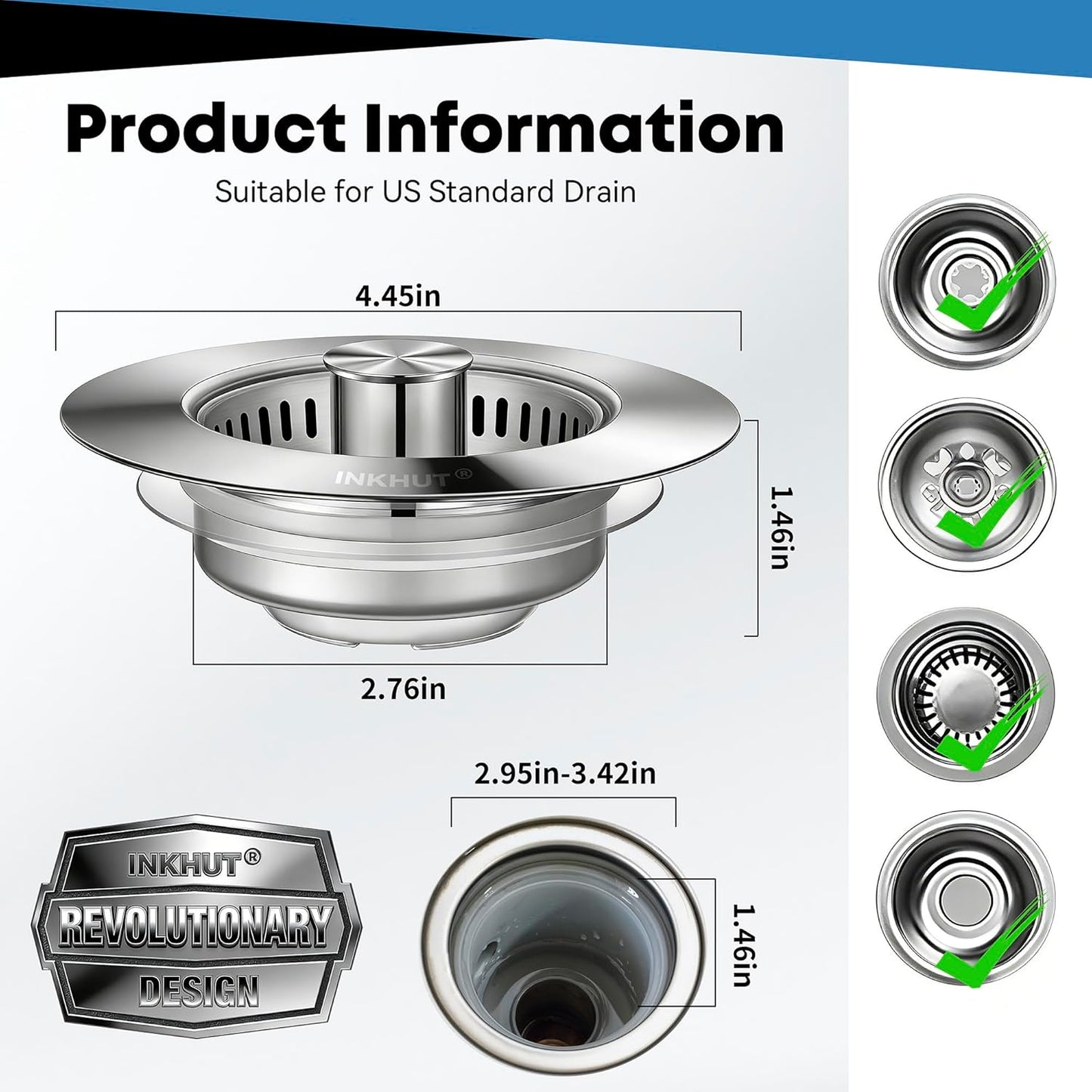 Upgraded 3 in 1 Kitchen Sink Drain Strainer | Stainless Steel Sink Stopper, Anti-Clogging Food Catcher Basket, Bounce Core Drain Strainer Plug for 3 1/2 inch Drain