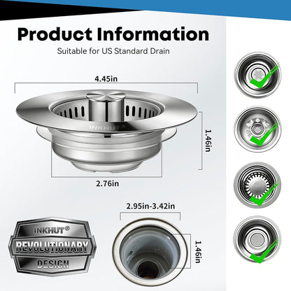 Upgraded 3 in 1 Kitchen Sink Drain Strainer | Stainless Steel Sink Stopper, Anti-Clogging Food Catcher Basket, Bounce Core Drain Strainer Plug for 3 1/2 inch Drain
