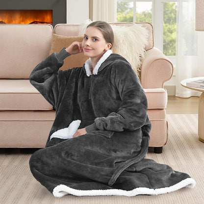 Wearable Blanket Hoodie, Oversized Sherpa Fleece Sweatshirt Blanket with Giant Hood Pocket and Sleeves for Adult, Warm & Cozy Grey Blanket Gifts for Women