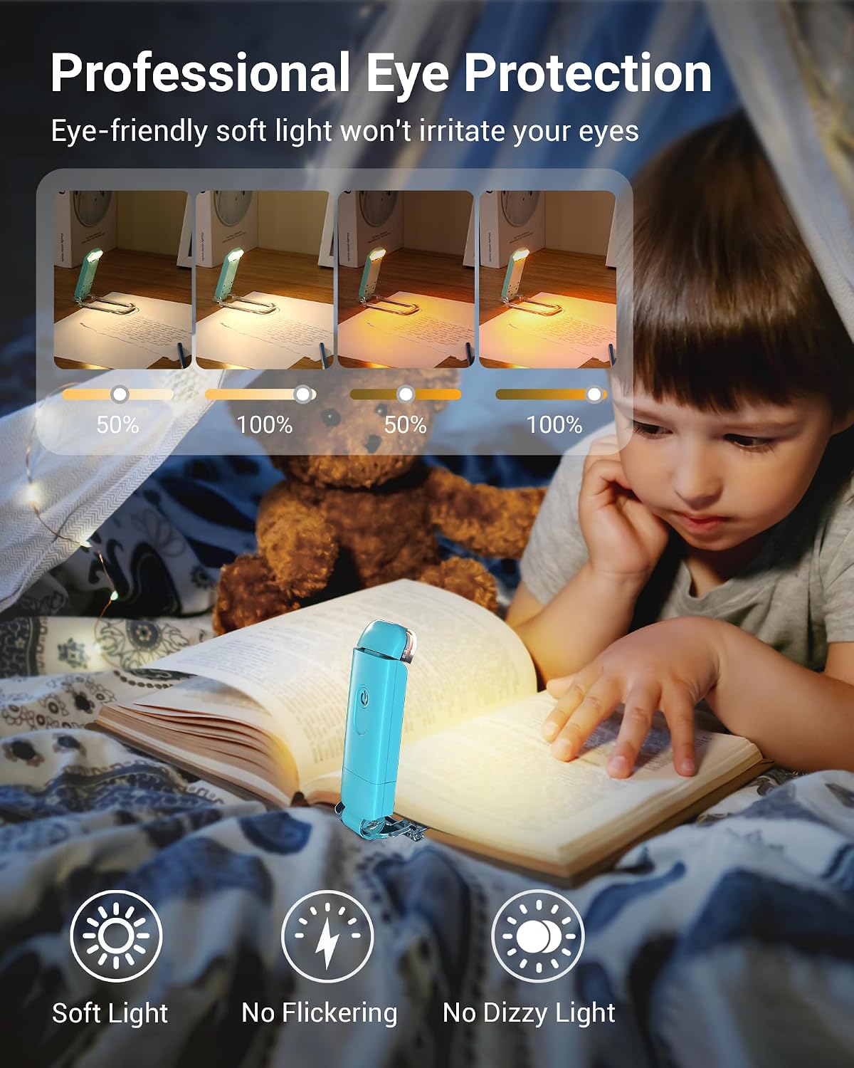DEWENWILS USB Rechargeable Book Reading Light, LED Clip on Booklight Green | Blue Light Blocking, Amber & Warm White, Flexible Lighting Angle, Compact & Lightweight for Plane, Train, Car Traveling