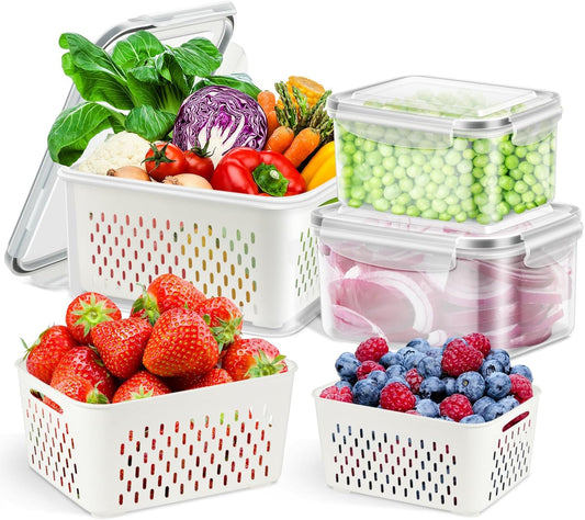 TBMax Fruit Storage Containers for Fridge Organizers and Storage, 4 Pack Large Produce Saver with Airtight Lid & Colander for Berry Lettuce Salad Vegetable Storage, Refrigerator Organizers