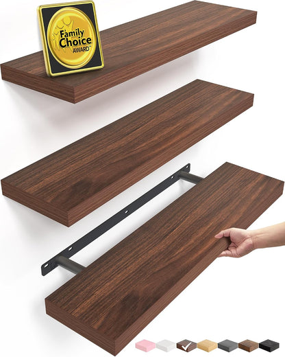 BAYKA Rustic Brown Floating Shelves 22.5in, Set of 2, Wall Mount Wood Shelf | Easy Install, 22lbs Max Load, Hidden Bracket, for Bathroom Bedroom Living Room or Kitchen, Hanging Shelf Book Decor Storage