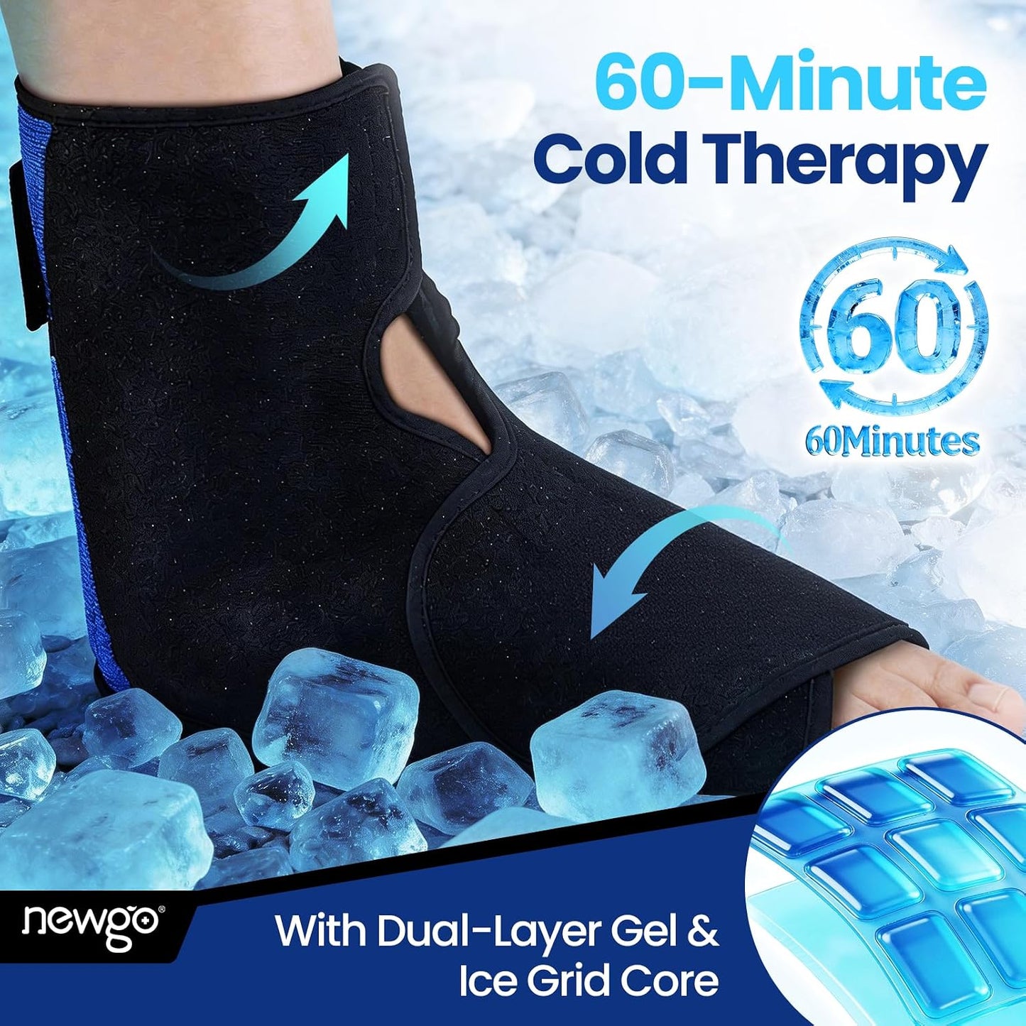 NEWGO Foot Ice Wrap, 60-Min Cold Therapy for Heel Pain & Plantar Fasciitis | Ice Grids Design for Even Coverage, Long-lasting Cooling for Foot Surgery, Sprained Ankle and Swelling