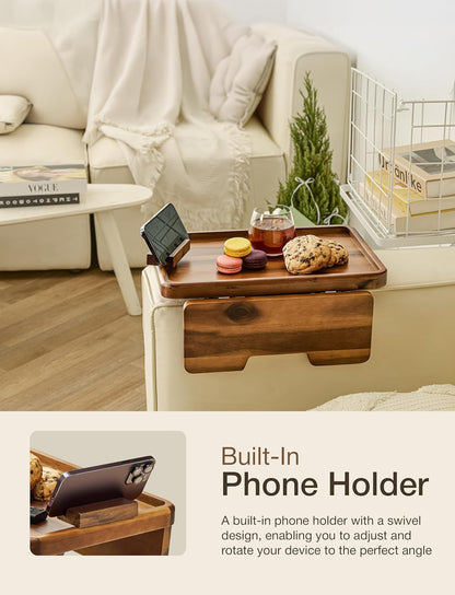 HOLANA 13.75" Acacia Sofa Arm Tray Table, Double Hinge, Natural Wood Color | Solid Acacia Wood, Spacious Surface, Clips Securely with Double-hinge Grip, Foldable & Portable, Multipurpose, No Assembly