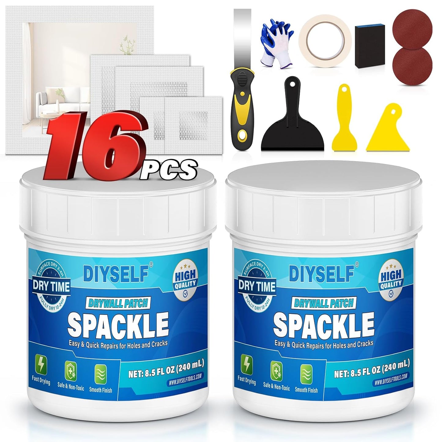 DIYSELF 9-Piece Spackle Wall Repair Kit, 7 oz White Touch Up Paste Set | Complete Repair Tools, Easy-to-Apply Wall Putty for Cracks, Nail Holes, Wall Filler for Gaps, Homes, Apartments and Renters