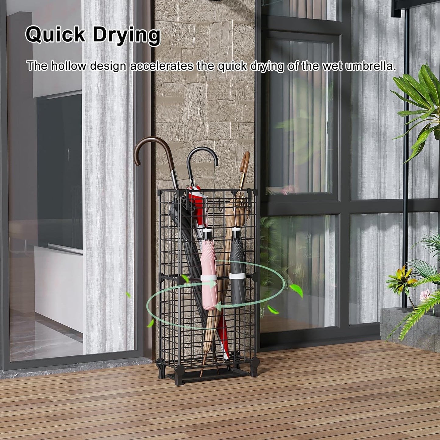 AWTATOS Umbrella Holder Entryway, Umbrella Stand Freestanding, Black | Metal Square Umbrella Rack Organizer with a Removable Drip Tray, Hooks
