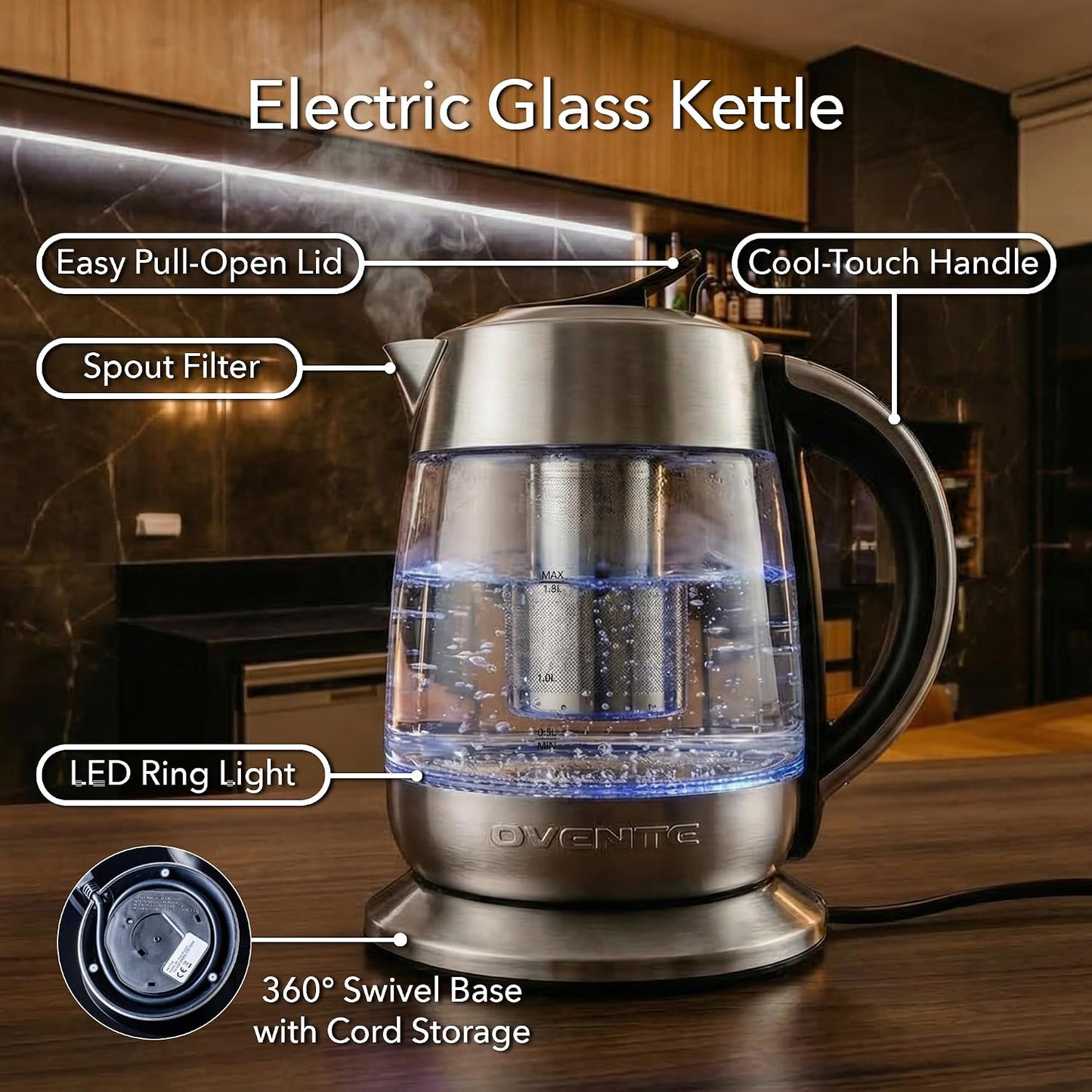 OVENTE 1.8L Glass Electric Kettle with Tea Infuser, Silver KGD752S | 1500W Fast Boiling, Easy Fill Lid, 7 Temperature Control, Keep Warm, Digital Display, Auto Shut-Off, Boil-Dry Protection