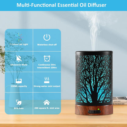Essential Oil Diffuser - 150ML Metal Aromatherapy Diffuser for Essential Oils with 7 Colors Lights Gifts for Mom Auto Shut-Off & Ultrasonic Cool Mist Diffuser, Ambience for Home
