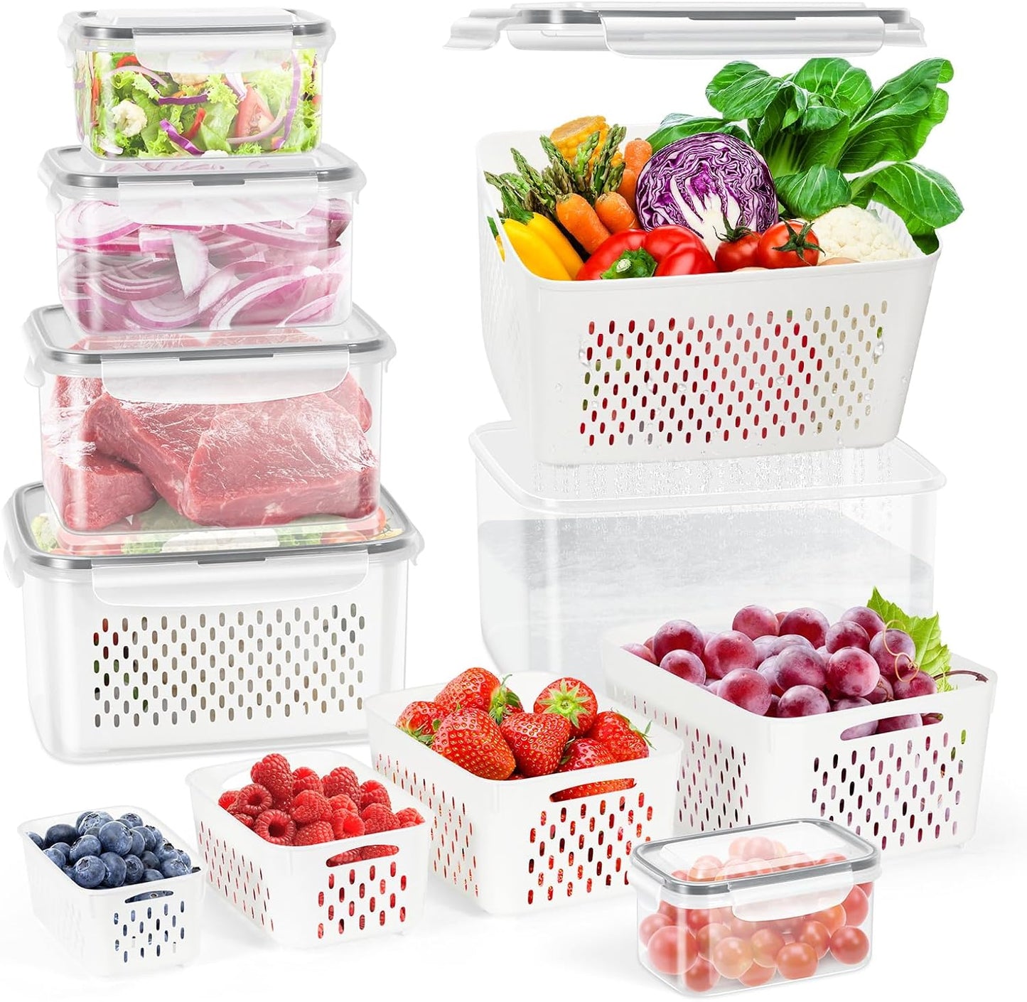8 Pieces Fruit Storage Containers for Fridge with Lids and Strainer | 4Pack Fruit Containers for Fridge, Fresh Produce Saver Keeper for Vegetable Fruit Salad, BPA Free Organizer for Refrigerator