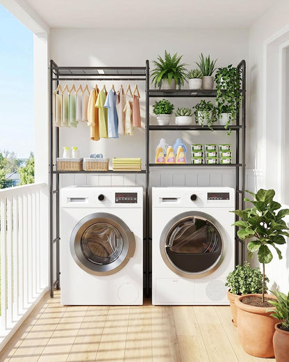 Kitsure Laundry Room Shelves - Multi-Functional Over Washer and Dryer Shelves with Hanging Bar & Removable Hooks, Space-Saving Organizer for Laundry Room, Kitchen, 58.4" W x 13.0" D x 70.9" H, Black