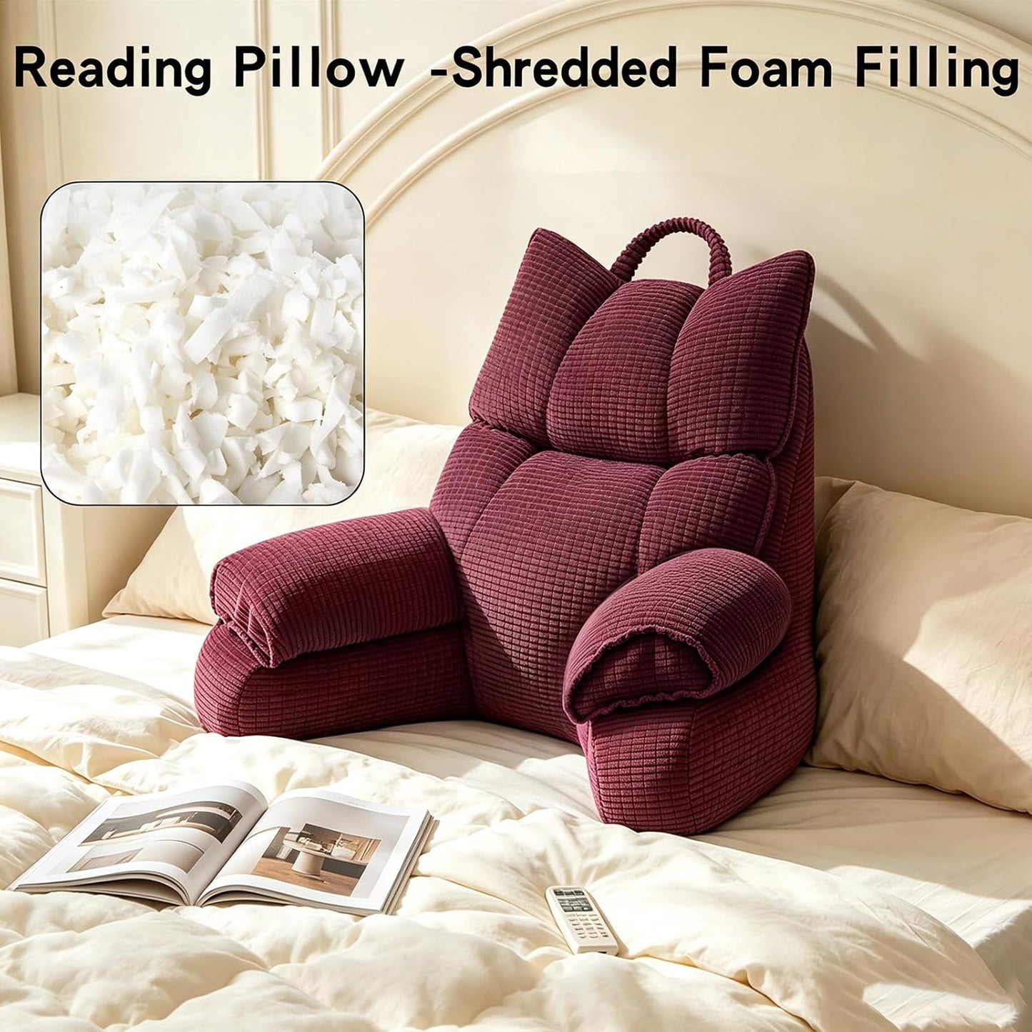Reading Pillow for Bed with Arms, Back Support, Memory Foam（Grey Black） | Reading Pillow for Bed with High Arm Rests, Back Support Pillow for Sitting Up, Shredded Memory Foam for Reading, TV & Gaming