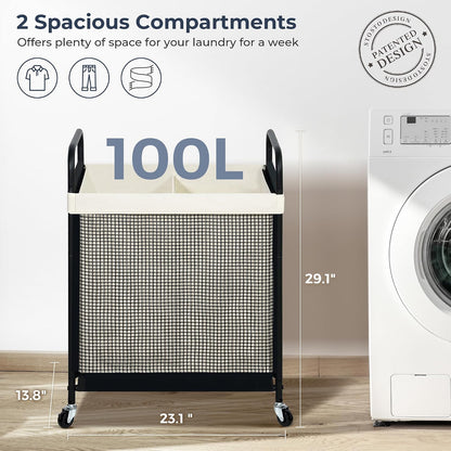 STO STO Laundry Hamper 2 Section, 100L Rolling Laundry Sorter Cart with Removable and Washable Liner Bag, Clothes Hamper with Wheels and Metal Handle for Laundry Room and Bedroom