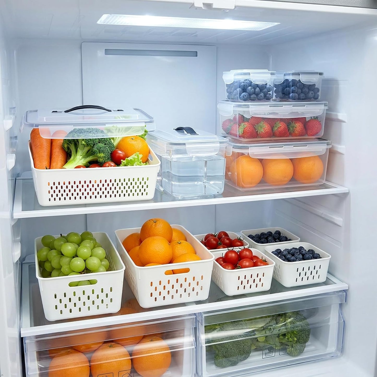 KUK 4 Pack Fruit Storage Containers for Fridge, Leakproof Food Containers with Removable Colander, Fruit Containers for Fridge BPA Free Produce Containers Keep Vegetables Berry Meat Fresh Longer