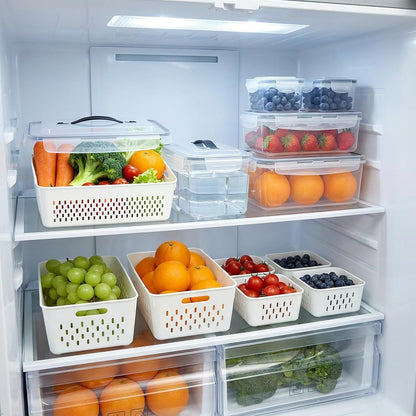KUK 4 Pack Fruit Storage Containers for Fridge, Leakproof Food Containers with Removable Colander, Fruit Containers for Fridge BPA Free Produce Containers Keep Vegetables Berry Meat Fresh Longer