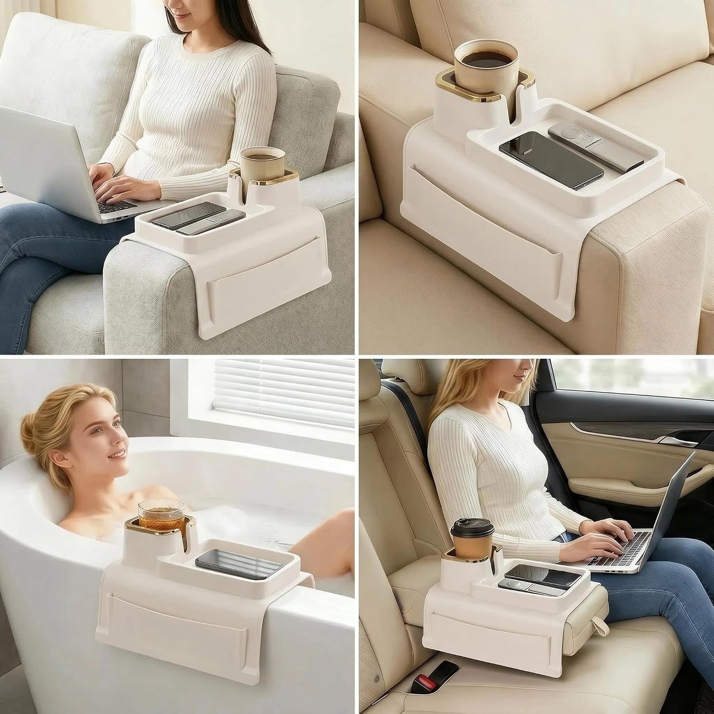 Luxury Gold Trim Couch Cup Holder Tray - Weighted Anti-Spill Navy Blue Silicone Sofa Armrest Organizer, Non-Slip Recliner Tray Table for Drinks, Remote, Phone - Fits Most Couch Arms