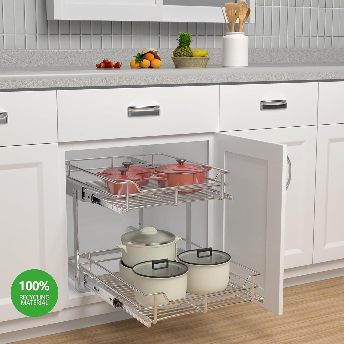 2-Tier Cabinet Pull Out Shelves, 14" W x 22" D, Chrome | Heavy-Gauge Wire Kitchen Cabinet Organizer, 100 lbs Capacity, Ball-Bearing Glides, Min 15" Opening, For Tupperware & Bowls