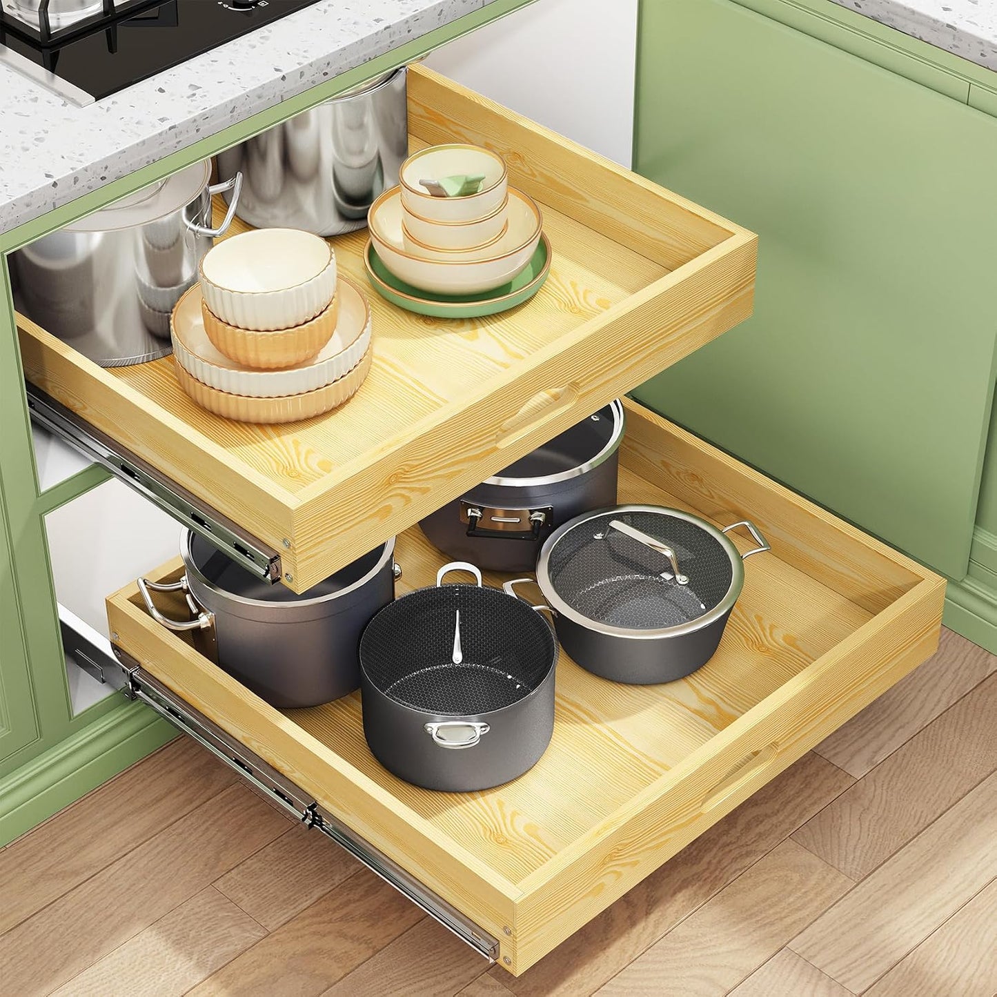 Pull Out Cabinet Organizer, Soft Close Wooden Slide Out Drawers for Pots and Pans, Full-extension Roll Out Shelves for Kitchen Cabinets, Pantry Organization, Bottom & Side Mount(15"W X 21"D x 3.4''H)