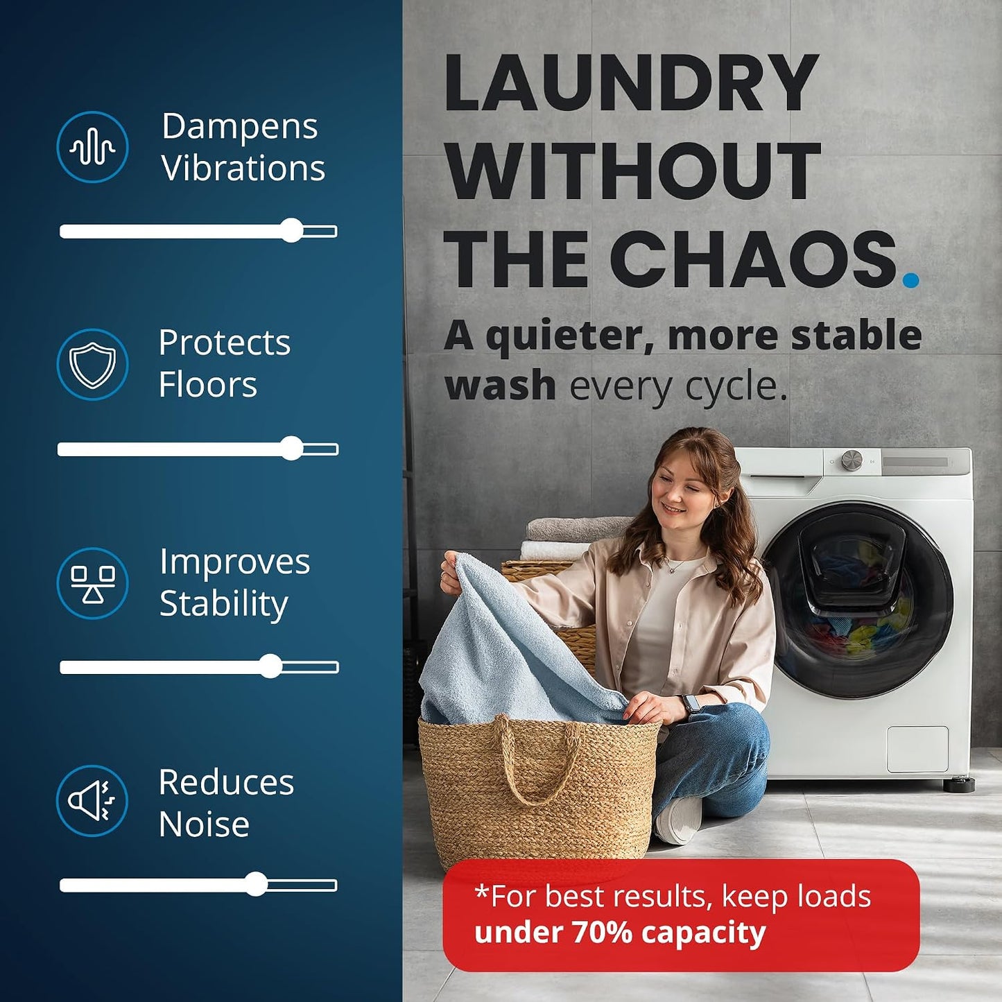 Anti Vibration Pads for Washing Machine with Tank Tread Grip™ XL | 4 Pack + Level | Stops Washer Dryer from Moving, Protects Floor | Rubber Antivibration Feet Stabilizer for Leveling Washer Machine