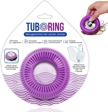 TubRing Pop-Up Drain Protector & Strainer Silicone Hair Catcher, Aqua | Easy snap-in design fits around bathtub stoppers. Customizable utility guard for clog prevention. Fits 1.85"- 2.16" drains.