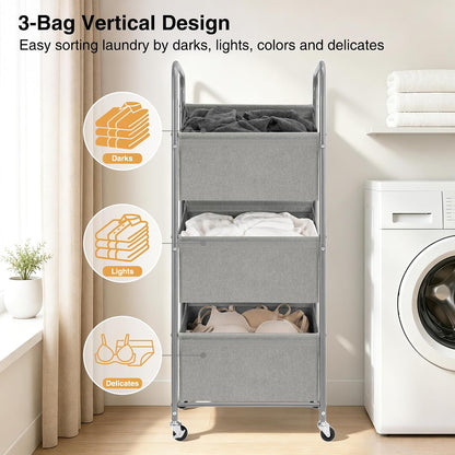 STO STO 3-Tier Vertical Rolling Laundry Hamper, Removable Bags, Black Mesh | 120L Capacity, Space-Saving Vertical Design, Rust-Resistant Steel Frame, Lockable Wheels, Ideal for Apartments & Small Spaces