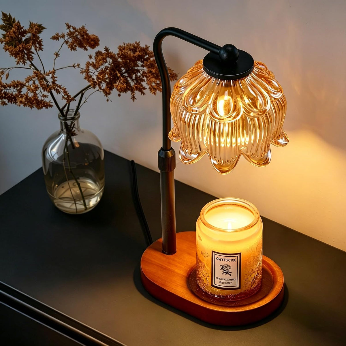 CASTLELIFE Electric Candle Warmer Lamp with Timer & Dimmer, Height Adjustable Wax Warmer for Jar Candles, Flower Wax Melter with Wood Base, Home Decor House Warming Gifts for Women Mom, Natural Wood