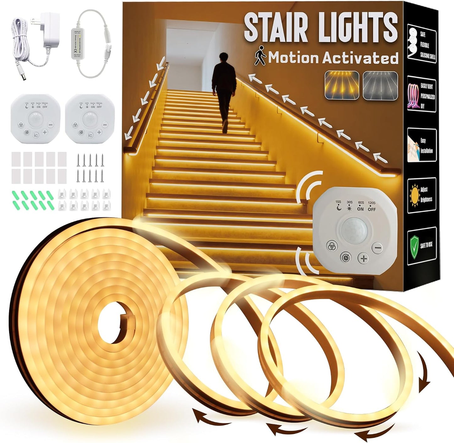 Motion Sensor LED Strip Lights - Chasing Effect Auto ON/Off for Stairs, Bedroom, Under Cabinet - 16.4ft White, Intelligent Motion Sensor Stair Lights