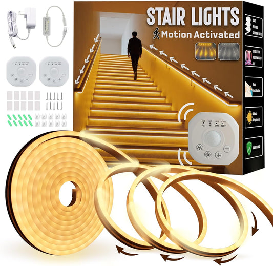 Motion Sensor LED Strip Lights - Chasing Effect Auto ON/Off for Stairs, Bedroom, Under Cabinet - 16.4ft White, Intelligent Motion Sensor Stair Lights