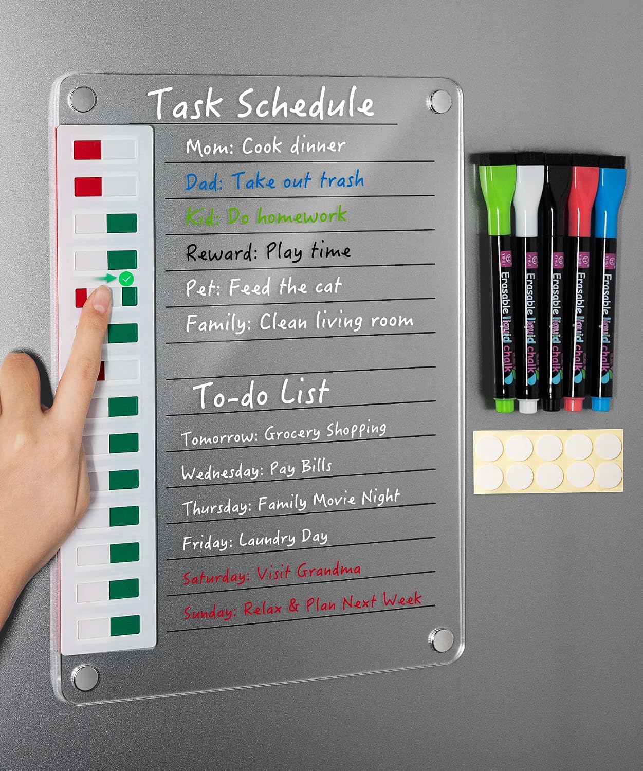 Magnetic Acrylic Dry Erase Board for Fridge, to Do List White Board with Sliding Buttons, 12"X10" Clear Chore Chart for Adults, Reusable Refrigerator Whiteboard Includes 5 Markers