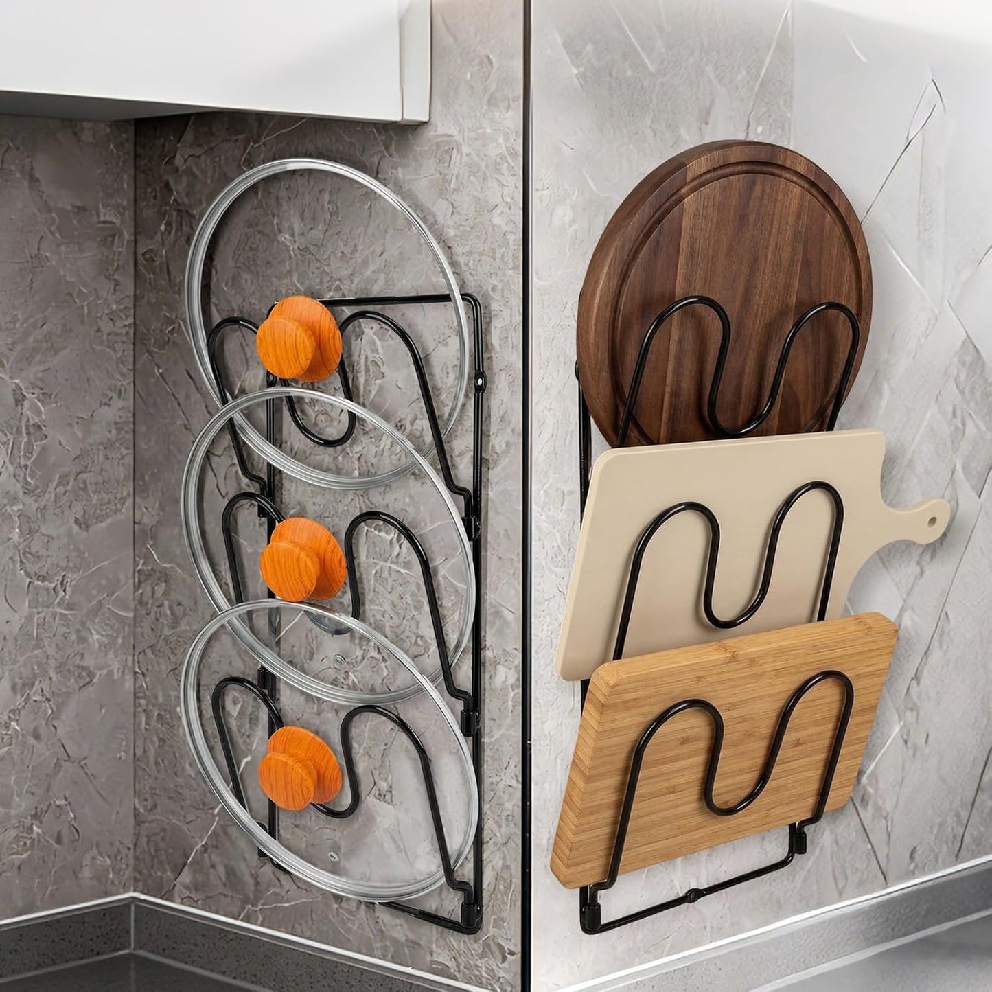 2 Pack Pot Lid Organizer Rack for Cabinet Door/Wall, 6-Tier Pot Lid Holders inside Cabinet Door, No Drilling Adhesive Wall/Door Mounted Rustproof Pots and Pans Lid Organizers for Kitchen Storage Black