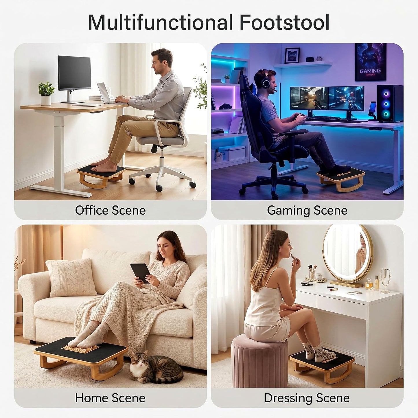 Bamboo Under Desk Foot Rest Foot Stool Rocking Footrest (Nature Semicircle) | Ergonomic Wooden Foot Stool with Non-Slip Surface
