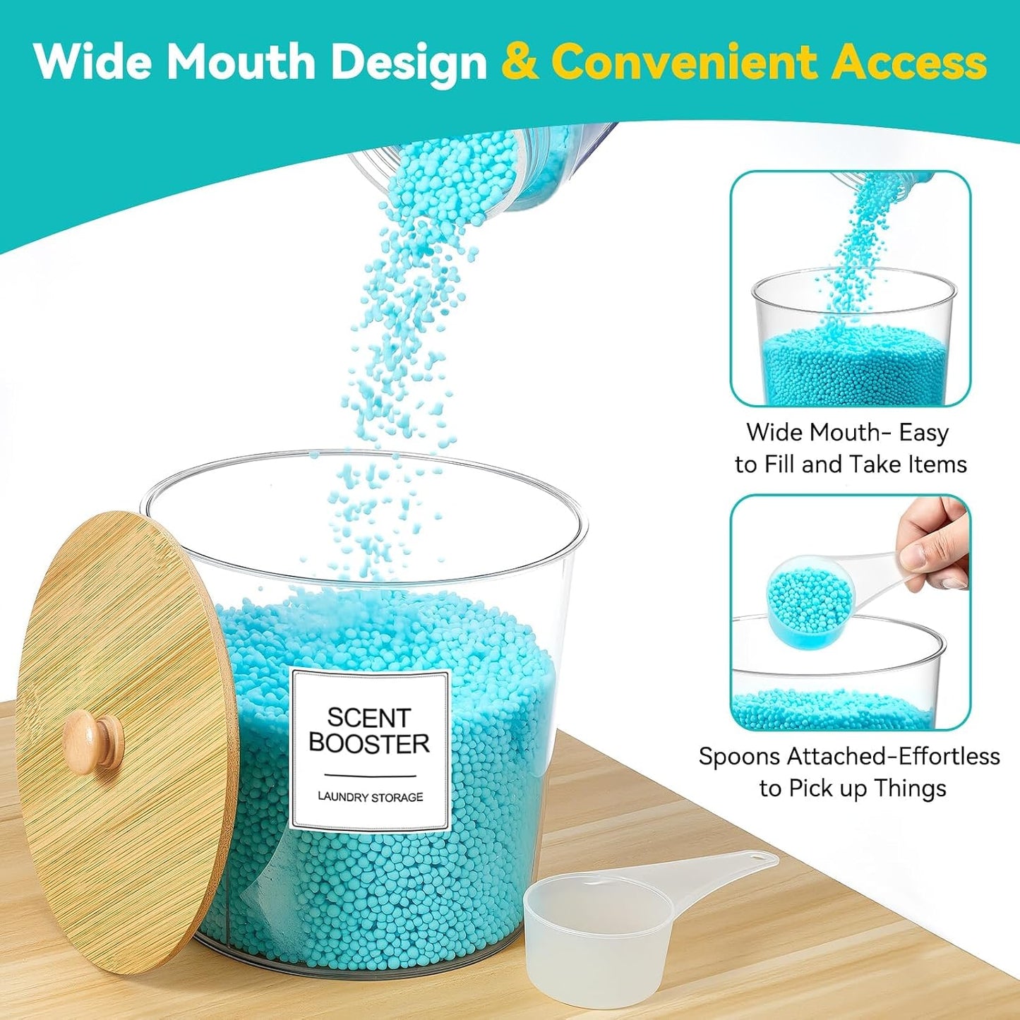 Laundry Pods Container & Dryer Sheet Holder, Laundry Room Organization and Storage Jars with Lids, Labels & Scoops for Powder Detergent Scent Booster, Black Lid