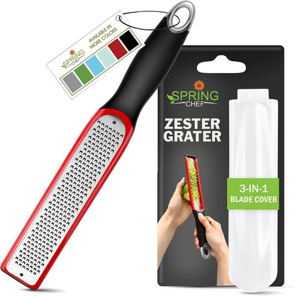 Spring Chef Stainless Steel Lemon Zester - Garlic & Ginger Grater - Gray | Premium Zester with Blade Cover, Cheese Grater with Handle for Parmesan, Nutmeg, Lime - Durable Citrus Zester, Fine Shred