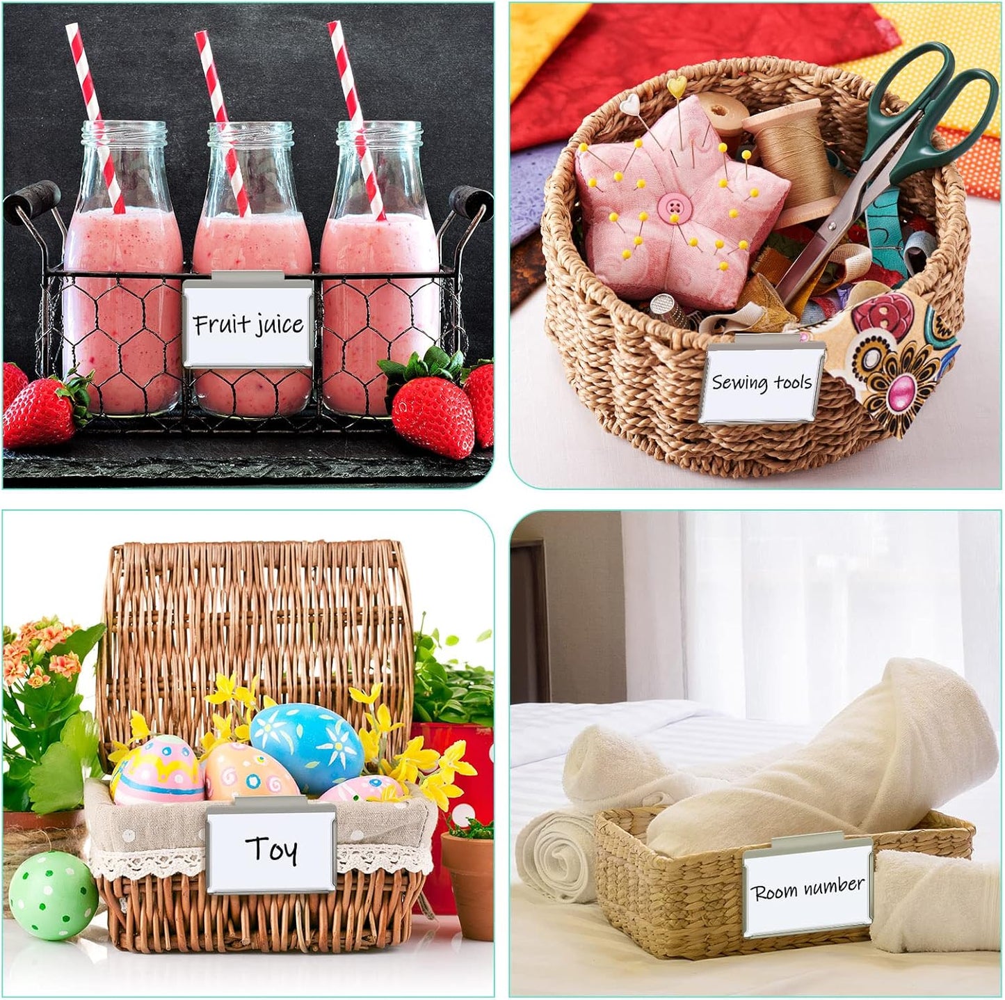 Basket Bin Labels Clips Label Holders Stainless Label Holders Removable Metal Bin Clips with Replacement Papers for Labeling, Classification, Induction (12 Pack)
