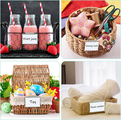 Basket Bin Labels Clips Label Holders Stainless Label Holders Removable Metal Bin Clips with Replacement Papers for Labeling, Classification, Induction (12 Pack)