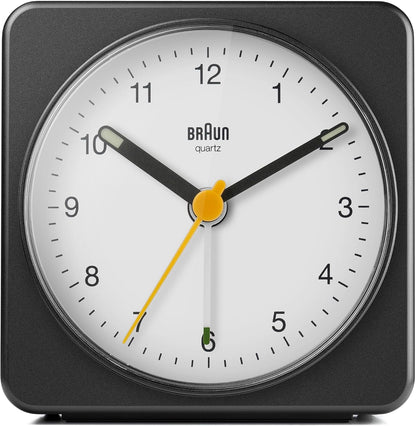 Braun Classic Analogue Alarm Clock with Snooze and Light, Quiet Quartz Sweeping Movement, Crescendo Beep Alarm in White, Model BC03W.