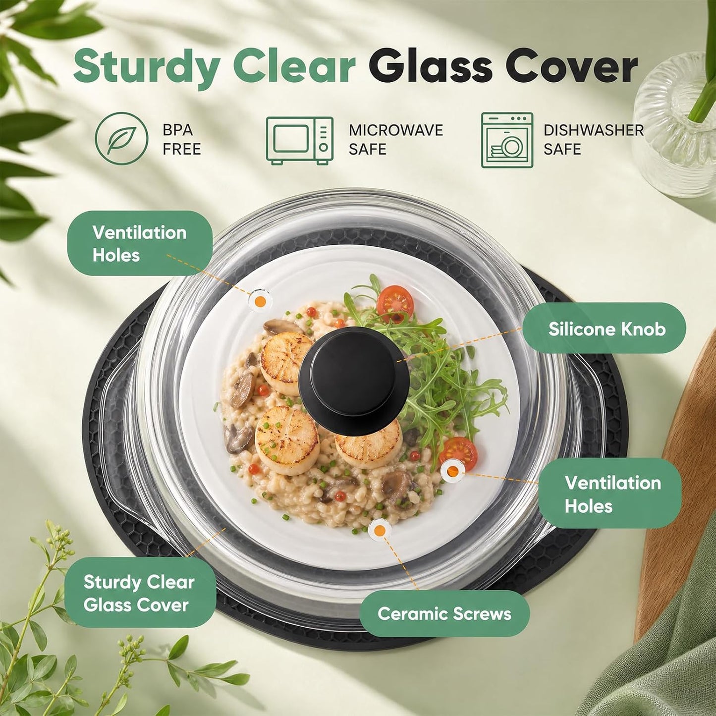 10-Inch Glass Microwave Splatter Cover with 2 Steam Vents and Silicone Mat | Clear Borosilicate Glass, Easy-Grip Silicone Knob with Ceramic Screw, Fits Most Dinner Plates and Bowls