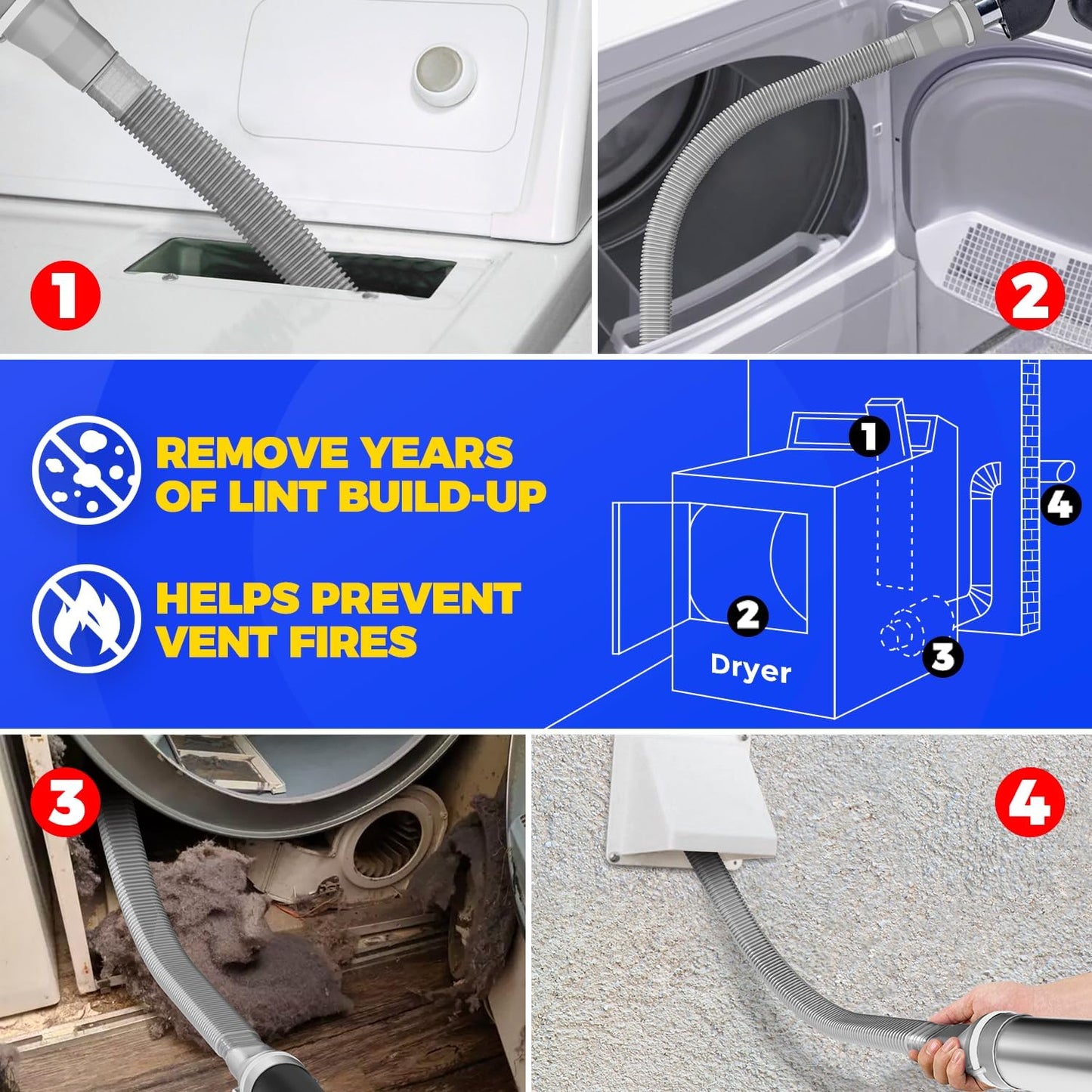 Holikme Dryer Vent Cleaner Kit, Vacuum Hose Attachment, 2-Piece, Black | Adjustable Cable Tie for Easy Attachment, Flexible Lint Brush Removes Lint from Dryer Lint Screens and Tight Spaces