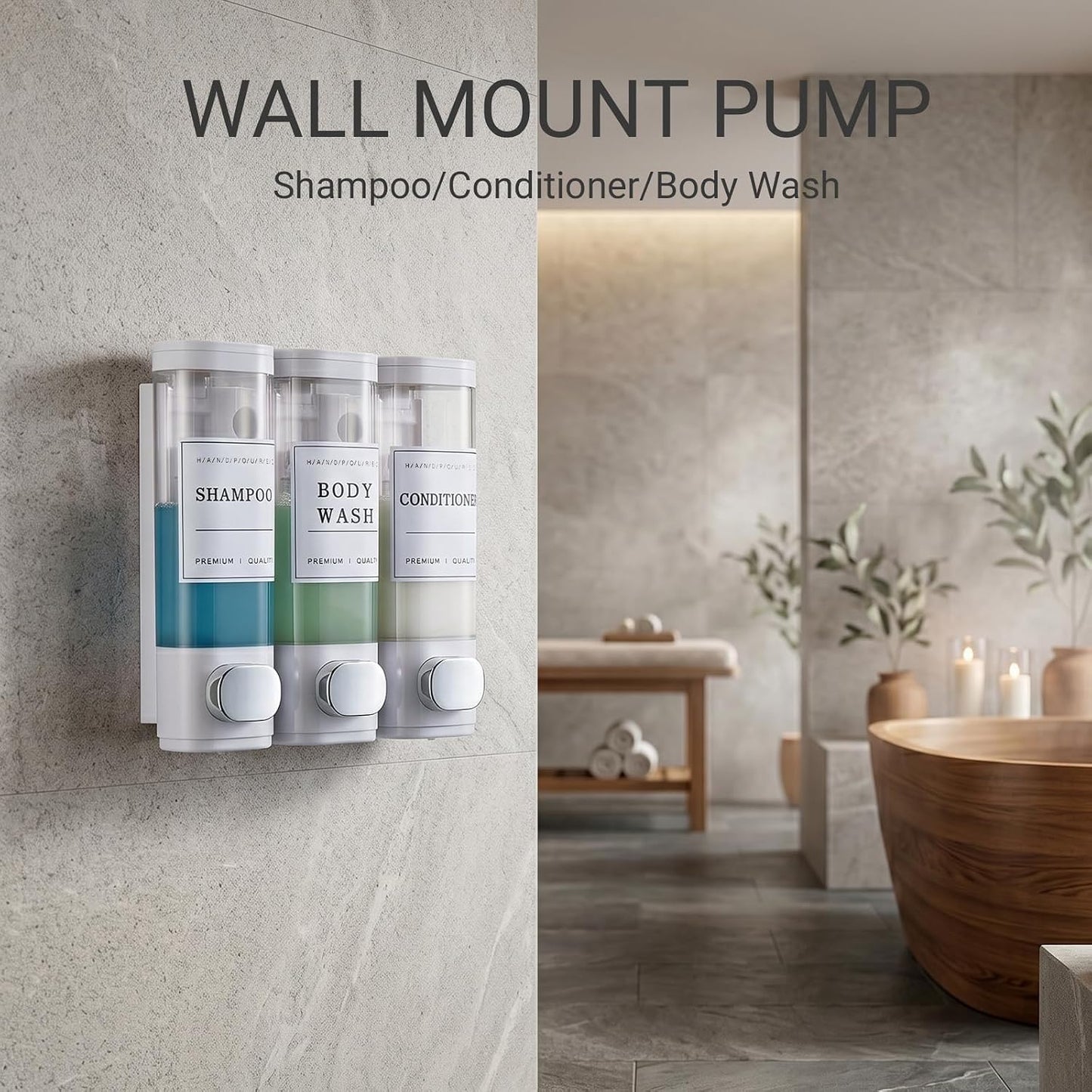 Shampoo and Conditioner Dispenser, Shower Soap Dispenser Wall Mounted, Shampoo Dispenser for Shower Wall No Drill, Bathroom Body Wash Dispenser 2 * 350ml White 2 Chamber