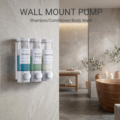 Shampoo and Conditioner Dispenser, Shower Soap Dispenser Wall Mounted, Shampoo Dispenser for Shower Wall No Drill, Bathroom Body Wash Dispenser 2 * 350ml White 2 Chamber