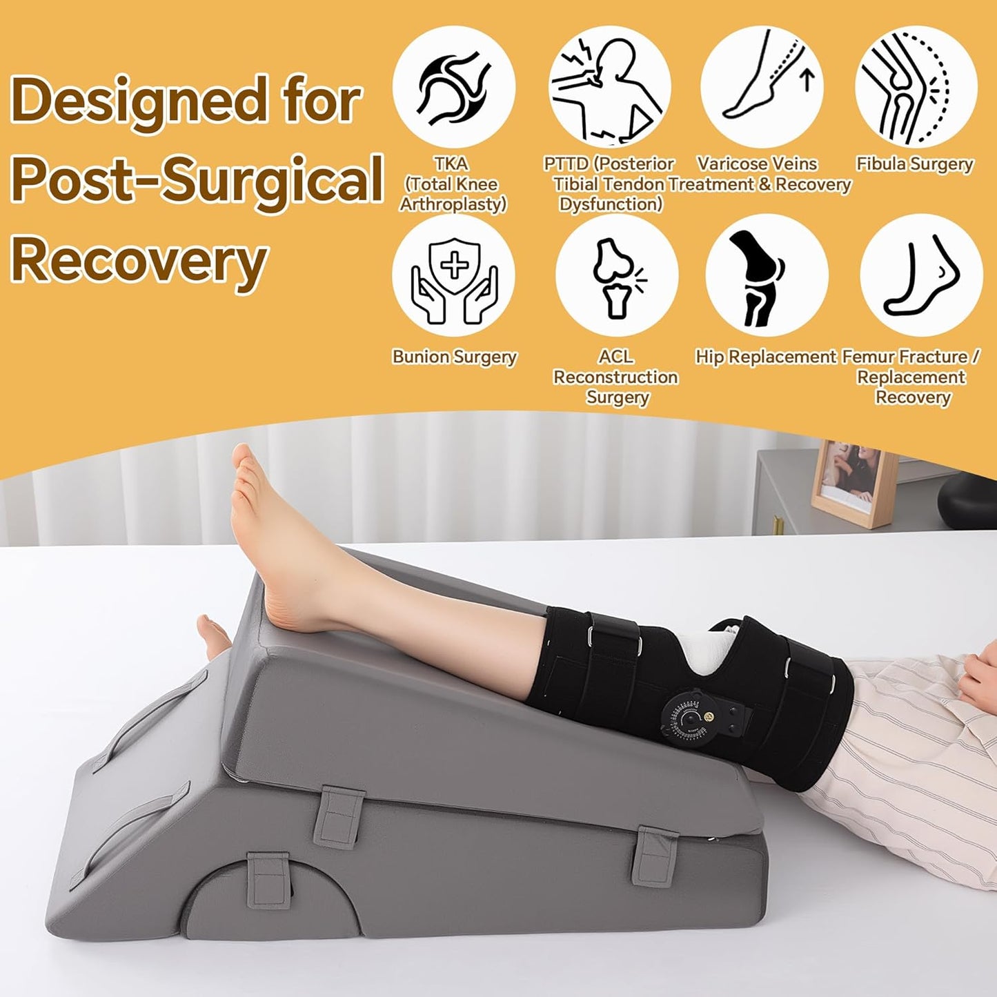 Leg Elevation Pillow for After Surgery, 5-Height Knee Replacement Recovery Pillow with Removable Pad for Knee Post-Surgery Recovery, Leg Surgery Equipment for Hip Ankle Pain Relief