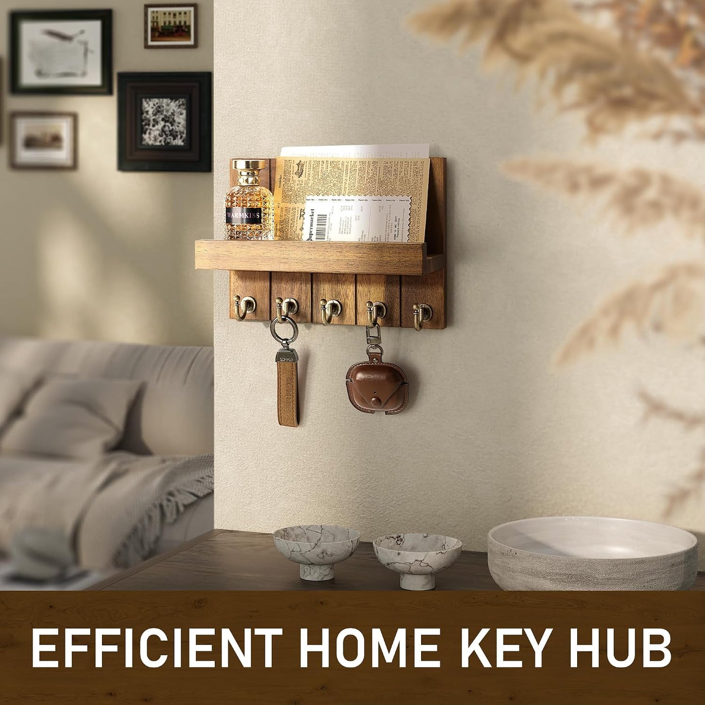 Rebee Vision Key Holder Wall Mount with 5 Key Hooks for Home Decor, Brown | 3.54'' x 10'' x 7.28'', Small Shelf for Display Plant, Key Hangers for Hat, Entryway Space-Saving Storage