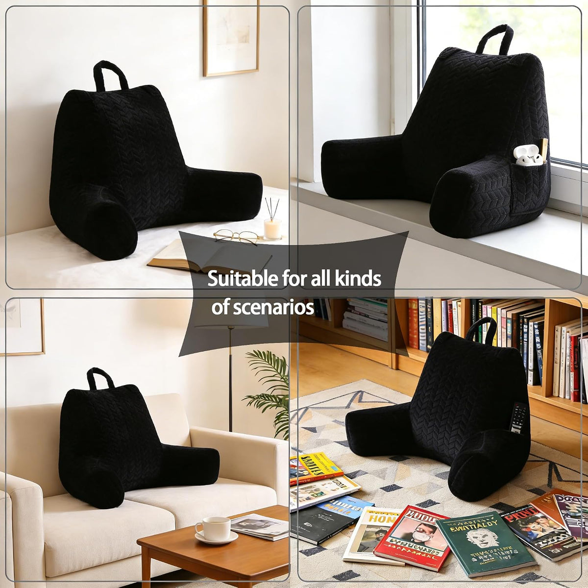 Black Bed Reading Pillow for Adults, Memory Foam Backrest Pillow with Armrests for Sitting Up in Bed, Back & Arm Support, Removable Washable Pillowcase for Sofa Seats