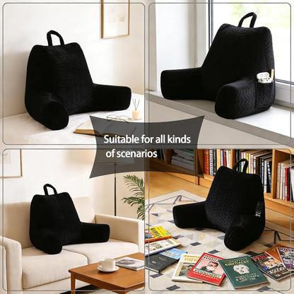 Black Bed Reading Pillow for Adults, Memory Foam Backrest Pillow with Armrests for Sitting Up in Bed, Back & Arm Support, Removable Washable Pillowcase for Sofa Seats