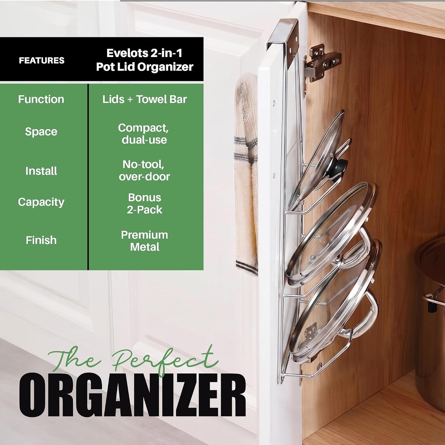Evelots 6 Pot Lid Organizer for Cabinet Door or Pantry Wall - Closet Door Pots and Pans Lids Holder - Glass or Metal Pan Covers Cabinet Organizer Kitchen Storage - White 6 Tier Lid Rack