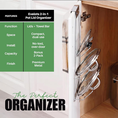 Evelots 6 Pot Lid Organizer for Cabinet Door or Pantry Wall - Closet Door Pots and Pans Lids Holder - Glass or Metal Pan Covers Cabinet Organizer Kitchen Storage - White 6 Tier Lid Rack