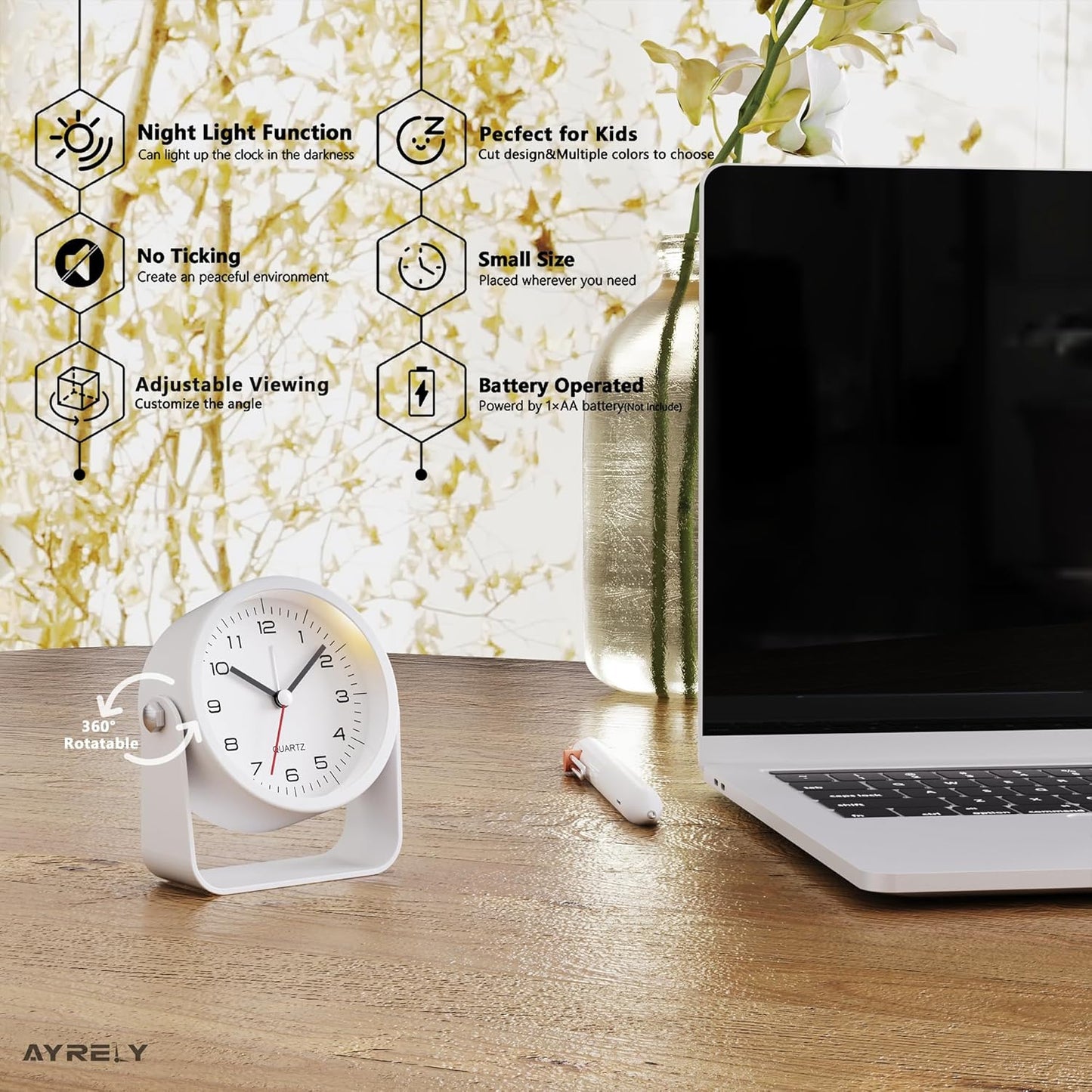 AYRELY® 3.5" Small Analog Travel Alarm Clock, Battery Operated Desk Clock | Cute Table Clock with Light, Adjustable Angle, Bedside, Bedrooms, Kids' Rooms and Living Room Decor (Orange)