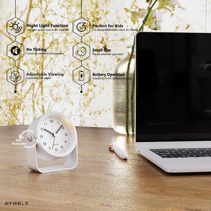 AYRELY® 3.5" Small Analog Travel Alarm Clock, Battery Operated Desk Clock | Cute Table Clock with Light, Adjustable Angle, Bedside, Bedrooms, Kids' Rooms and Living Room Decor (Orange)