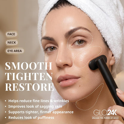 GLO24K Heated Eye Wand & Eye Massager Tool - Gentle Warmth & Vibration for Smoother-Looking Skin, Refreshing Under-Eyes Massage, Portable Beauty Device