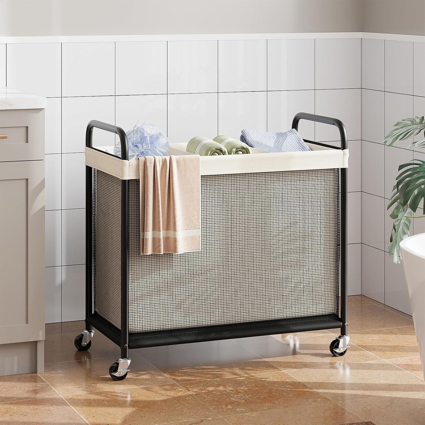 ELYKEN Laundry Hamper 2 Section, 100L Rolling Laundry Sorter with Wheels | Removable Washable Liner Bags, Sturdy Steel Frame and Metal Handle, Double Compartment Clothes Organizer for Laundry Sorting