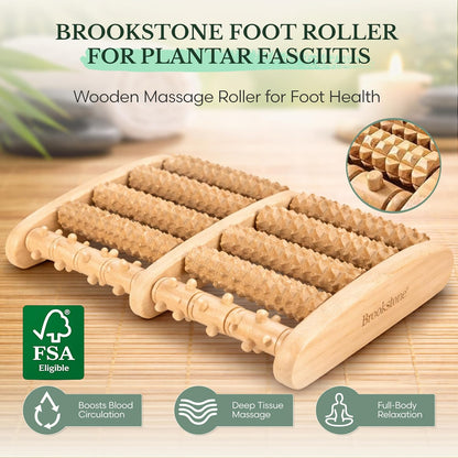 Brookstone Foot Massager Roller Plantar Fasciitis Pain Relief - Wooden Under Desk Feet Massage - Dual Manual Heel Massagers - Wood Rolling Acupressure Tool with Reflexology Guide - Gift for Men, Women